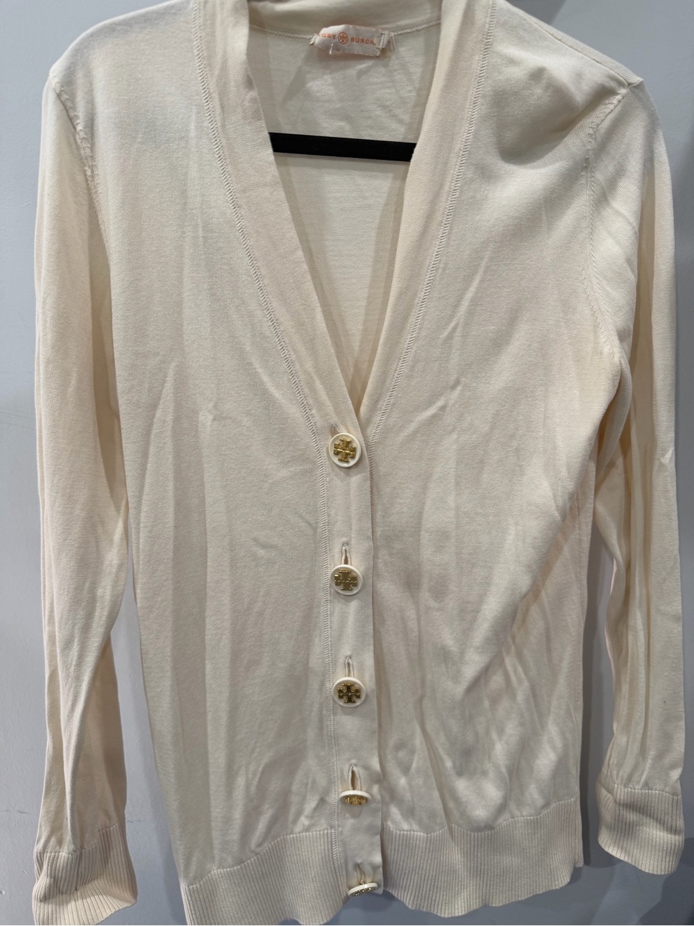 Tory Burch Cream Knit Top with Orange Logo Tag